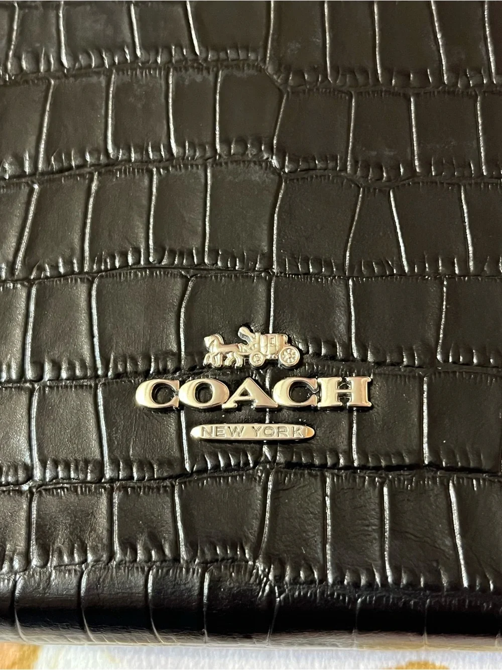Coach Black Croc-Embossed Crossbody with Silver Chain